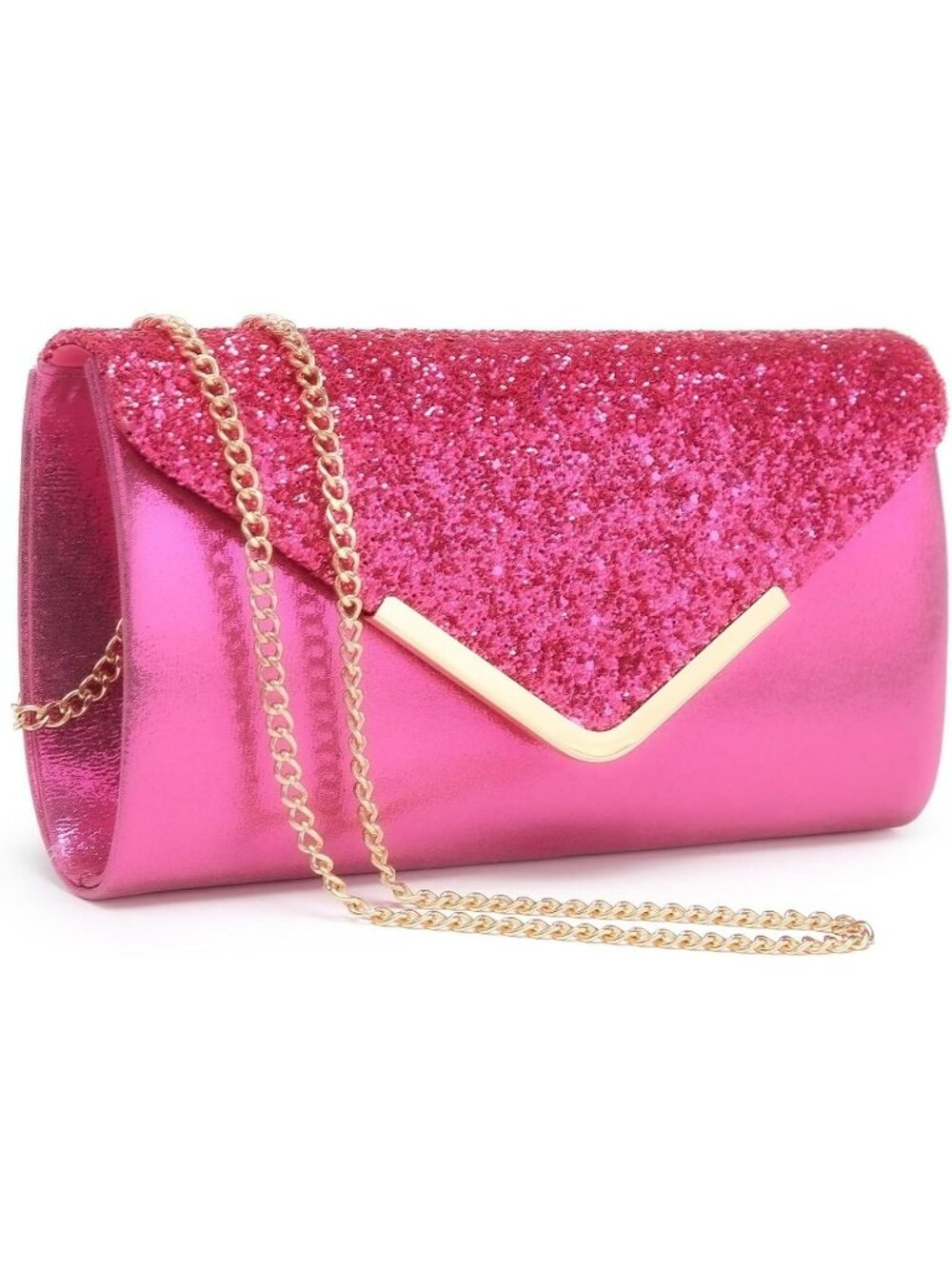 Women's Fuchsia Gold Hardware Glitter Clutch Purse Evening Wedding Shoulder Bag